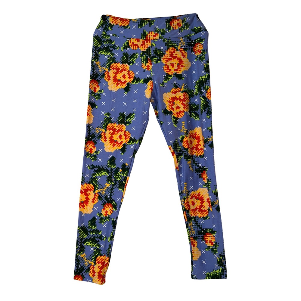 Floral Pixel-Print Blue Leggings Women's XL